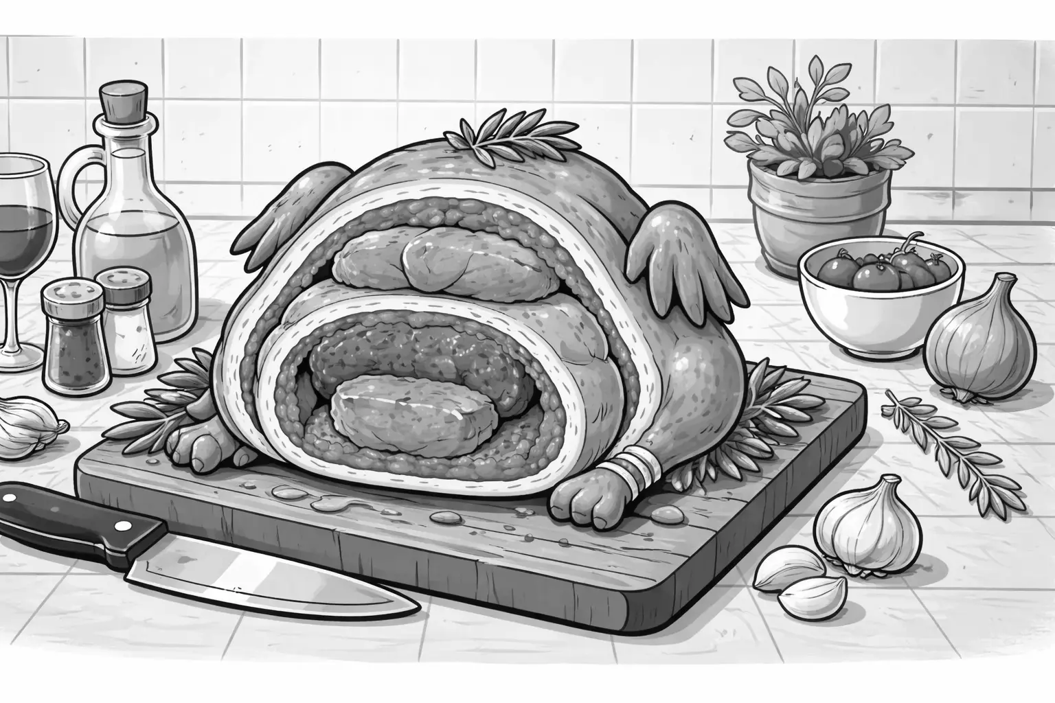 Pui umplut cu porc, umplut cu vită